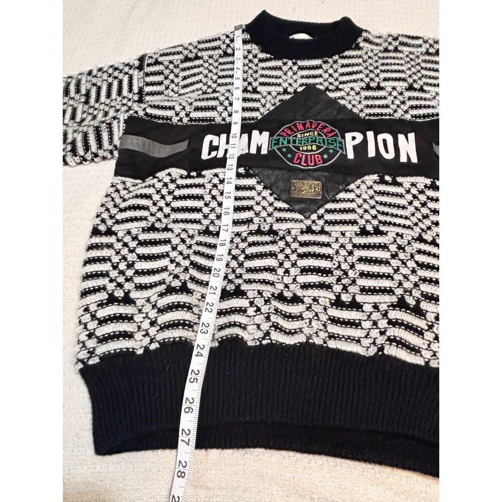 Vintage 90s 3D Knit Sweater Mens M Black White Geometric Champion Patch Grandpa - Picture 5 of 9